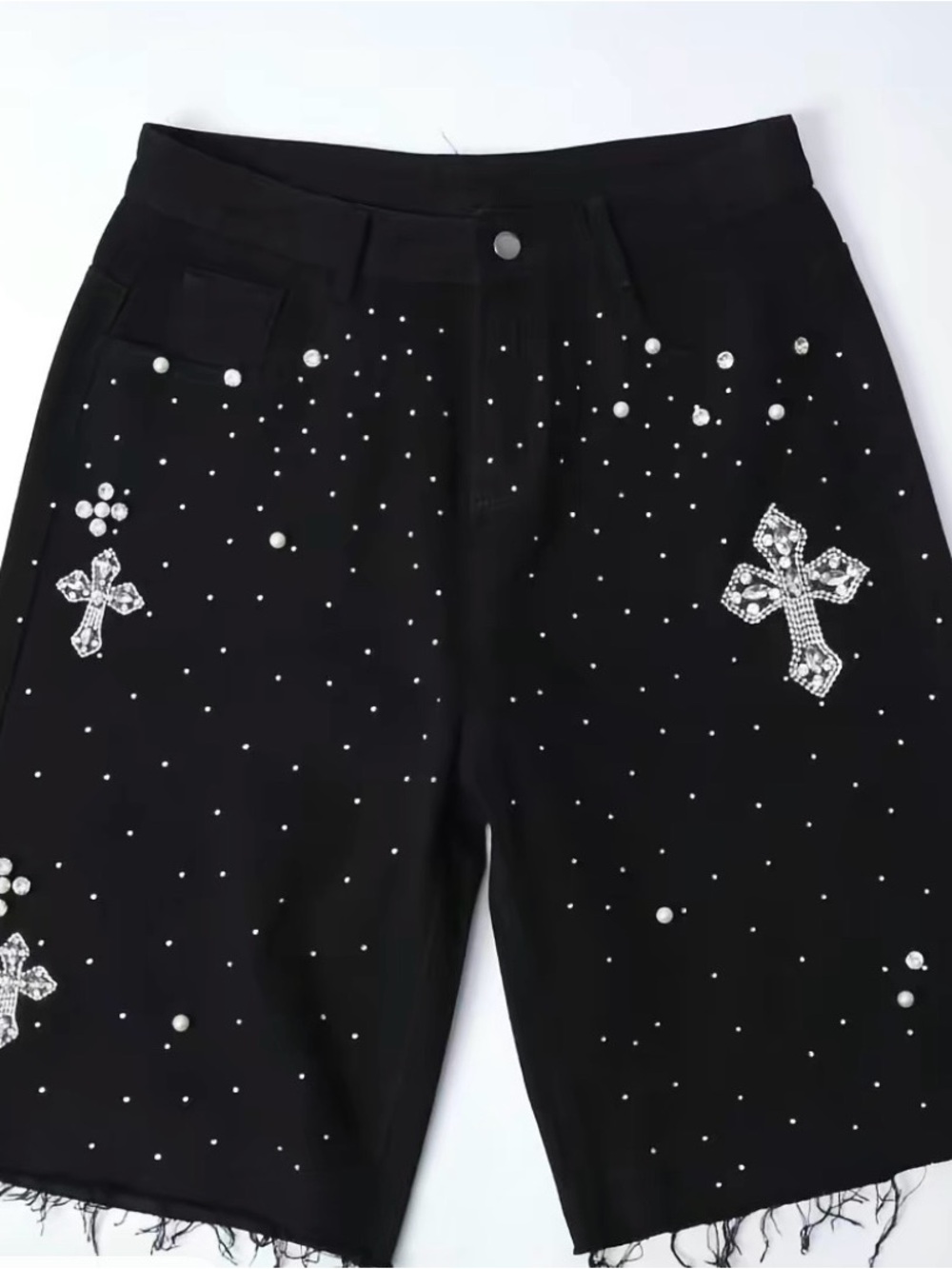 Black Embellished Women's Denim Shorts with Cross Accents